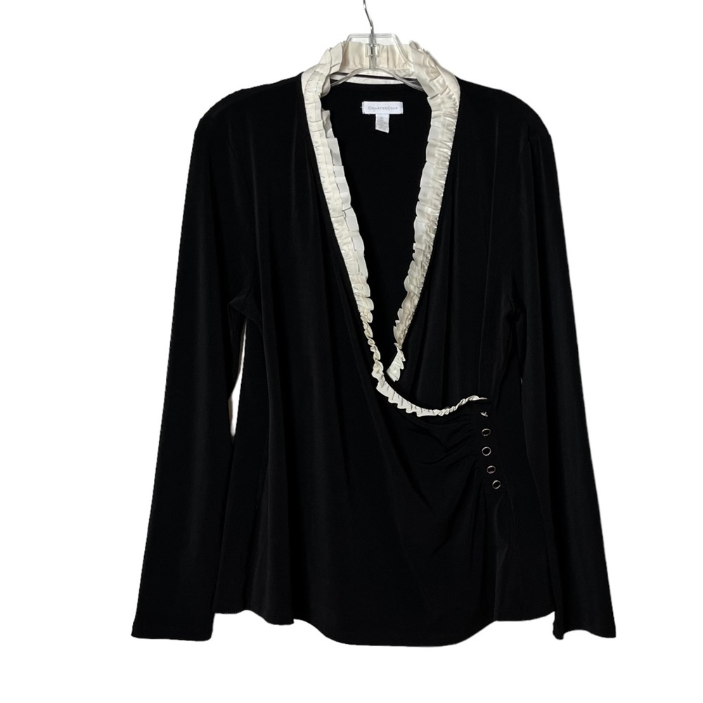 Charter Club Black Crossover Front Top with Ivory Ruffle Trim